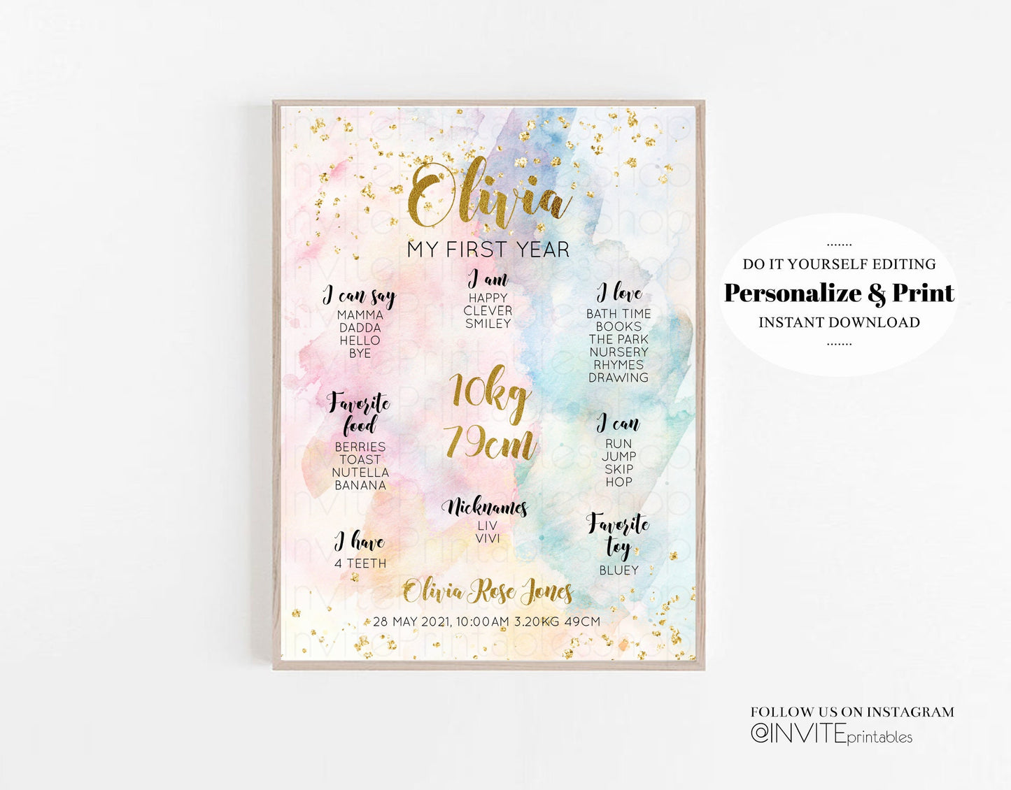 Watercolor Rainbow Baby Milestone Board First Birthday Poster Welcome Board 1st Birthday Keepsake Sign Colorful Splash Pastel Glitter 276