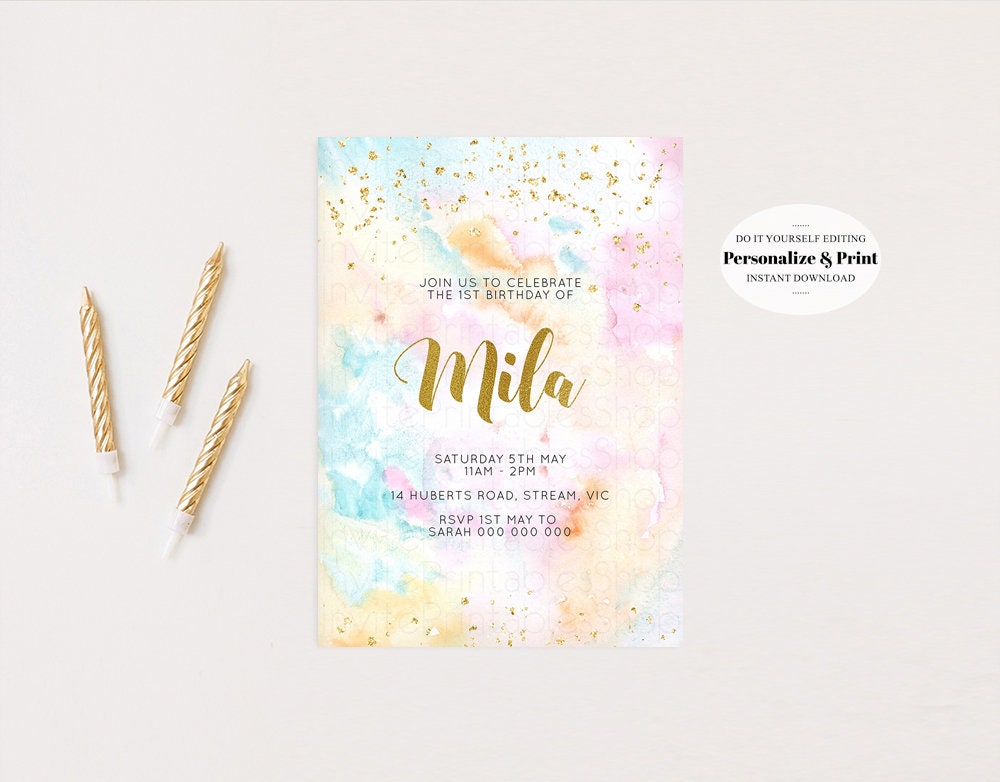 Rainbow Birthday Invitation Pastel Birthday Invitation Colorful Watercolor Invite Ombre Pastel Invitation Gold Glitter Sprinkles Invite 566