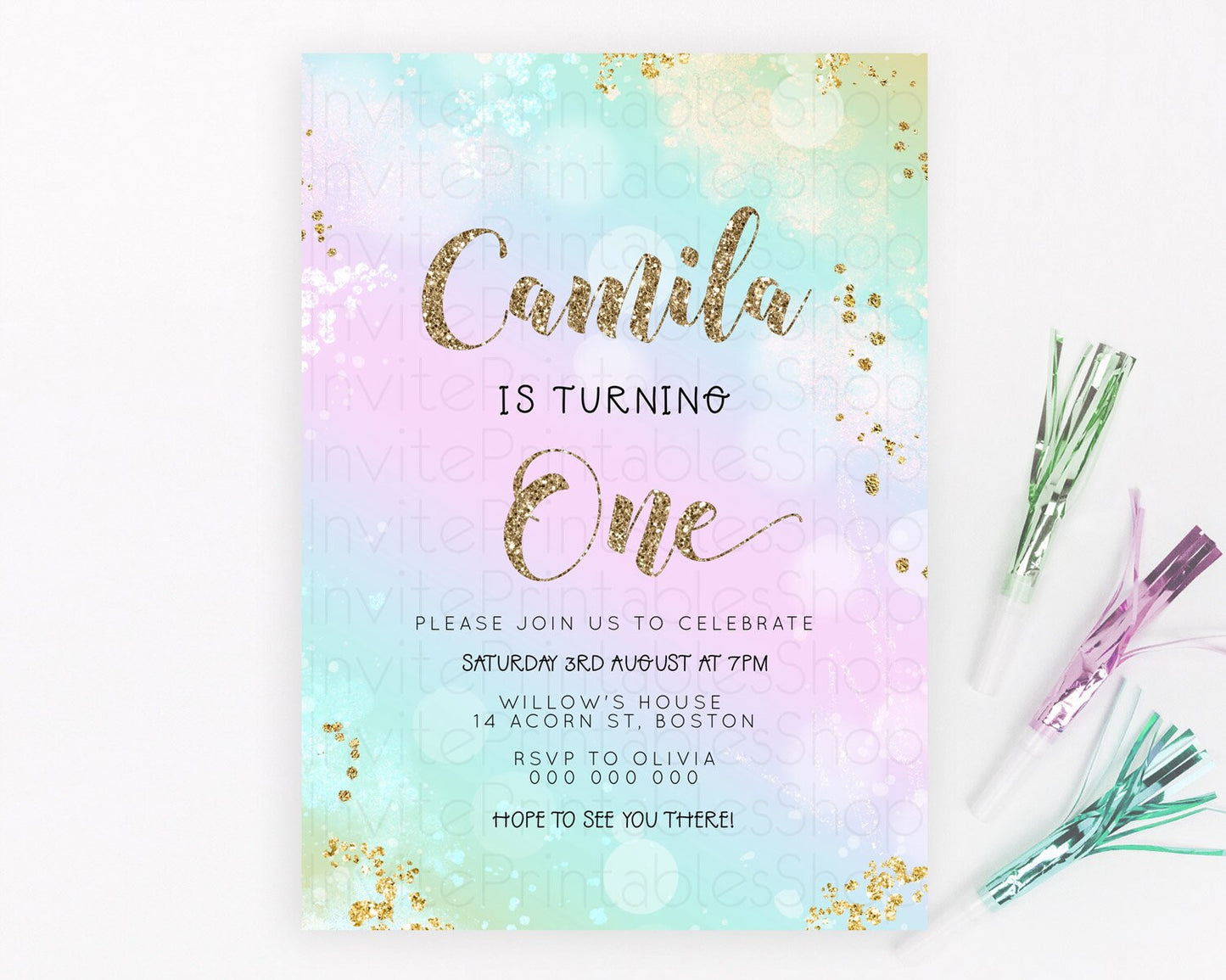 Rainbow Birthday Invitation Colorful Pastel Watercolor Invitation Gold Glitter Sprinkles Ombre Pastel 1st 2nd 3rd Birthday D23126