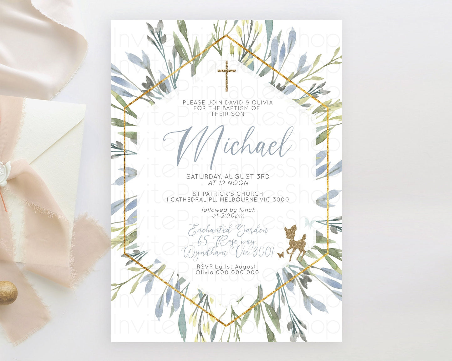 Fawn Baptism Invitation Deer Baptism 1st Birthday Invitation Enchanted Forest Christening Invitation Pastel Garden Butterfly Floral D10534