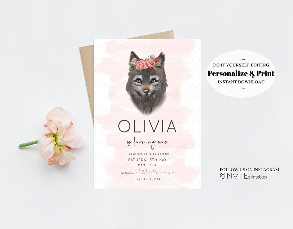 Wolf Invitation Wolf Birthday Invite Grey Baby Wolf Tribal Boho Pink Pastel Flower Crown Greenery Garden Forest Custom Invite