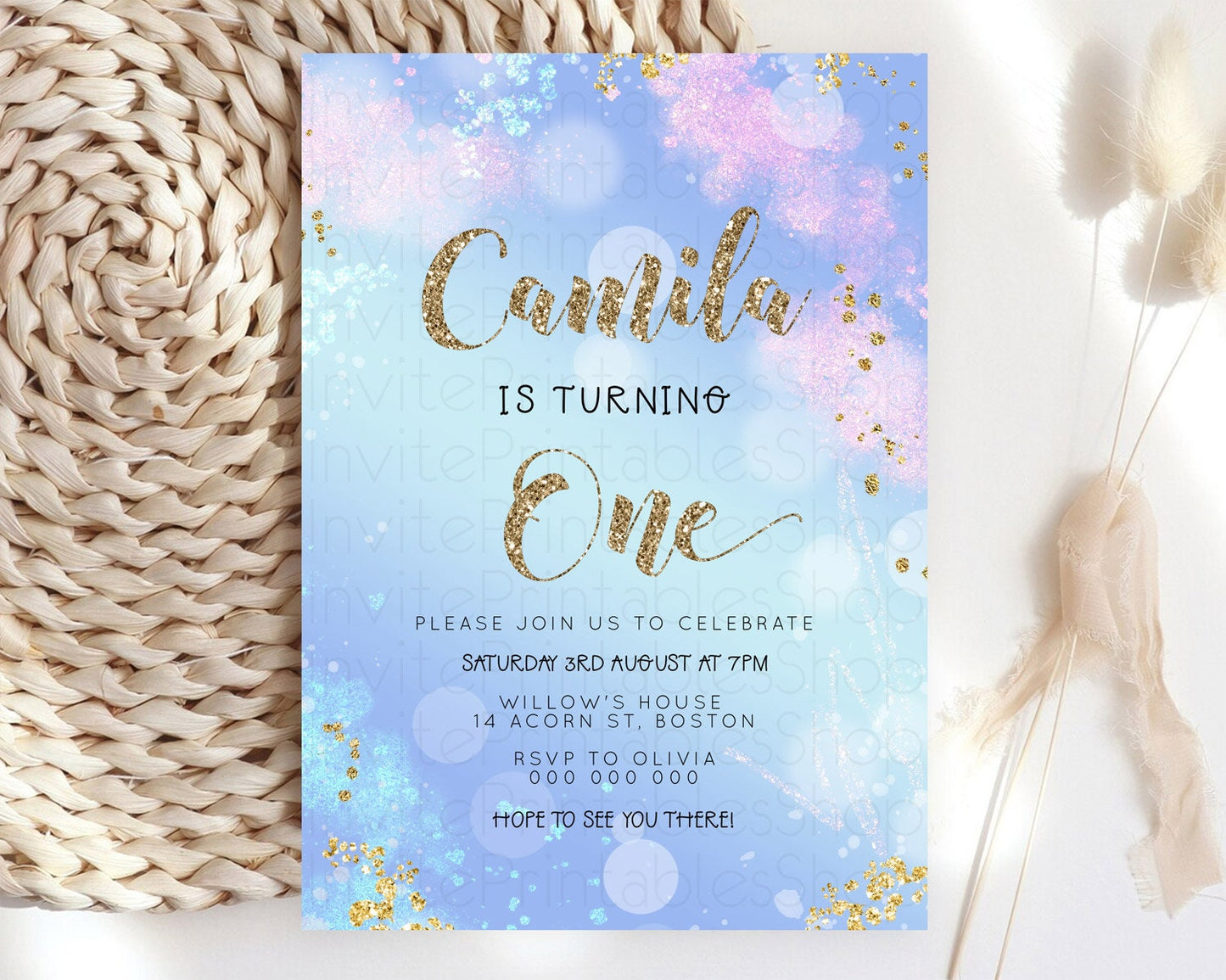 Rainbow Birthday Invitation Colorful Pastel Watercolor Invitation Gold Glitter Sprinkles Ombre Pastel 1st 2nd 3rd Birthday D23124