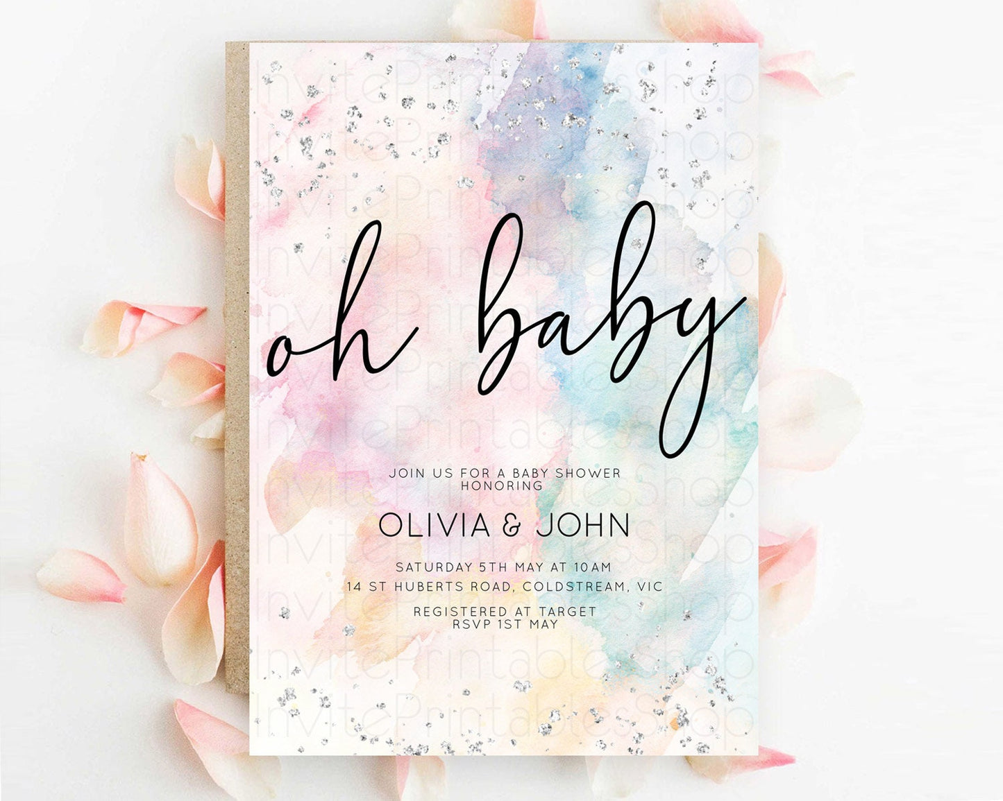 Pastel Baby Shower Invitation Pastel Rainbow Baby Invitation Pastel Watercolor Invitation Colorful Ombre Silver Sprinkles D10945