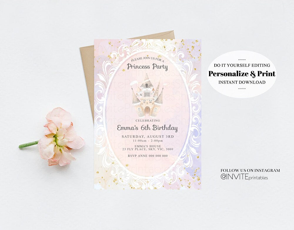 Princess Birthday Invitation Enchanted Castle Invite Royal Celebration Watercolor Mirror Mirror Gold Foil Glitter Purple Editable