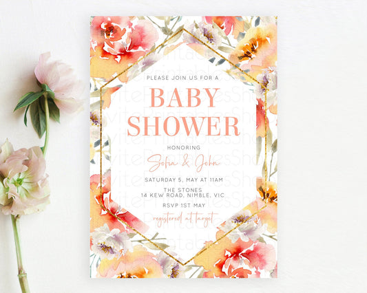 Secret Garden Baby Shower Invitation, Wildflower, Blooms, Botanical Theme, Pastel Flowers, Orange, Red Floral, Gold Accents D10791