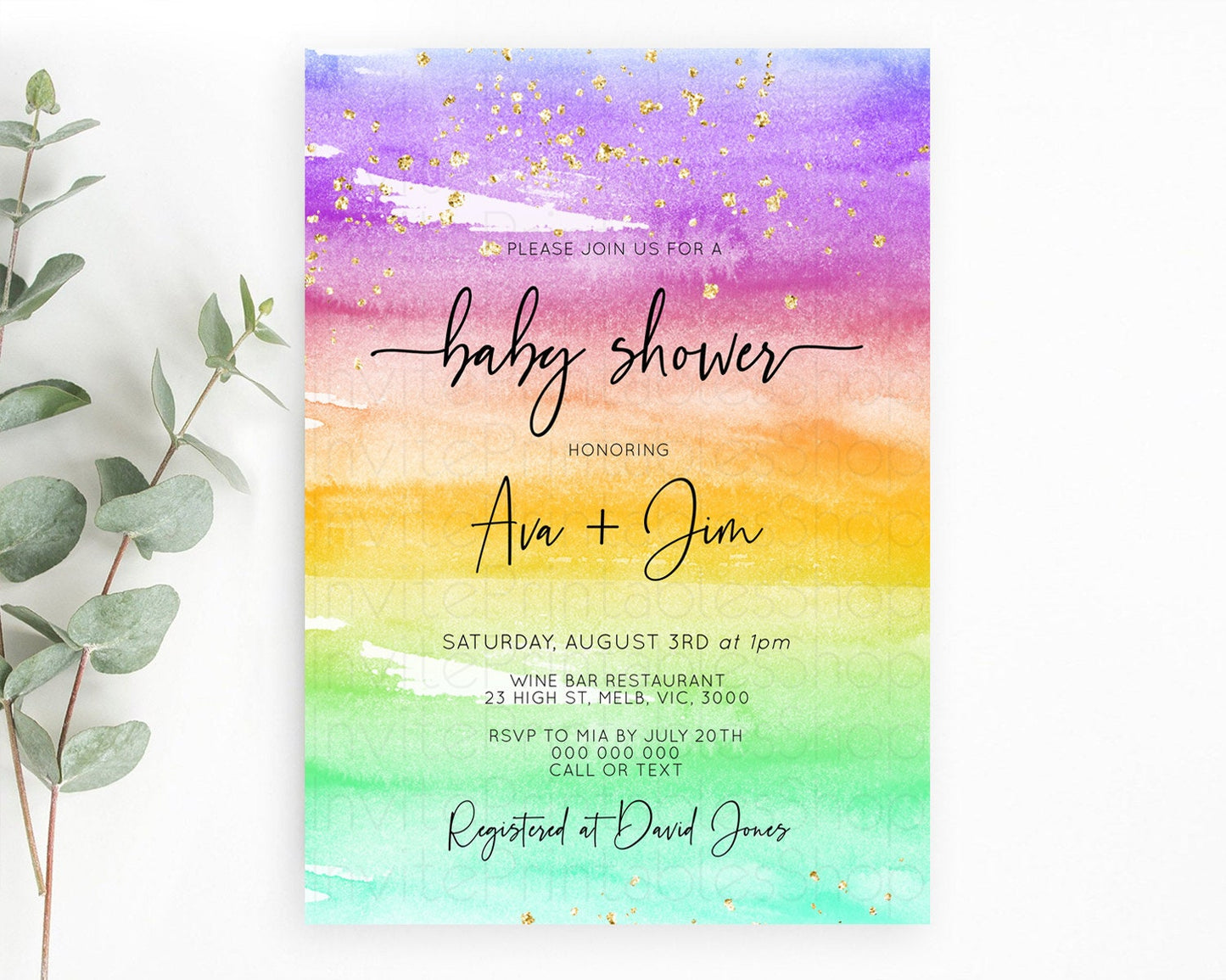 Pastel Baby Shower Invitation Rainbow Baby Shower Invitation Colorful Pastel Watercolor Invitation Gold Glitter Sprinkles Ombre D10524