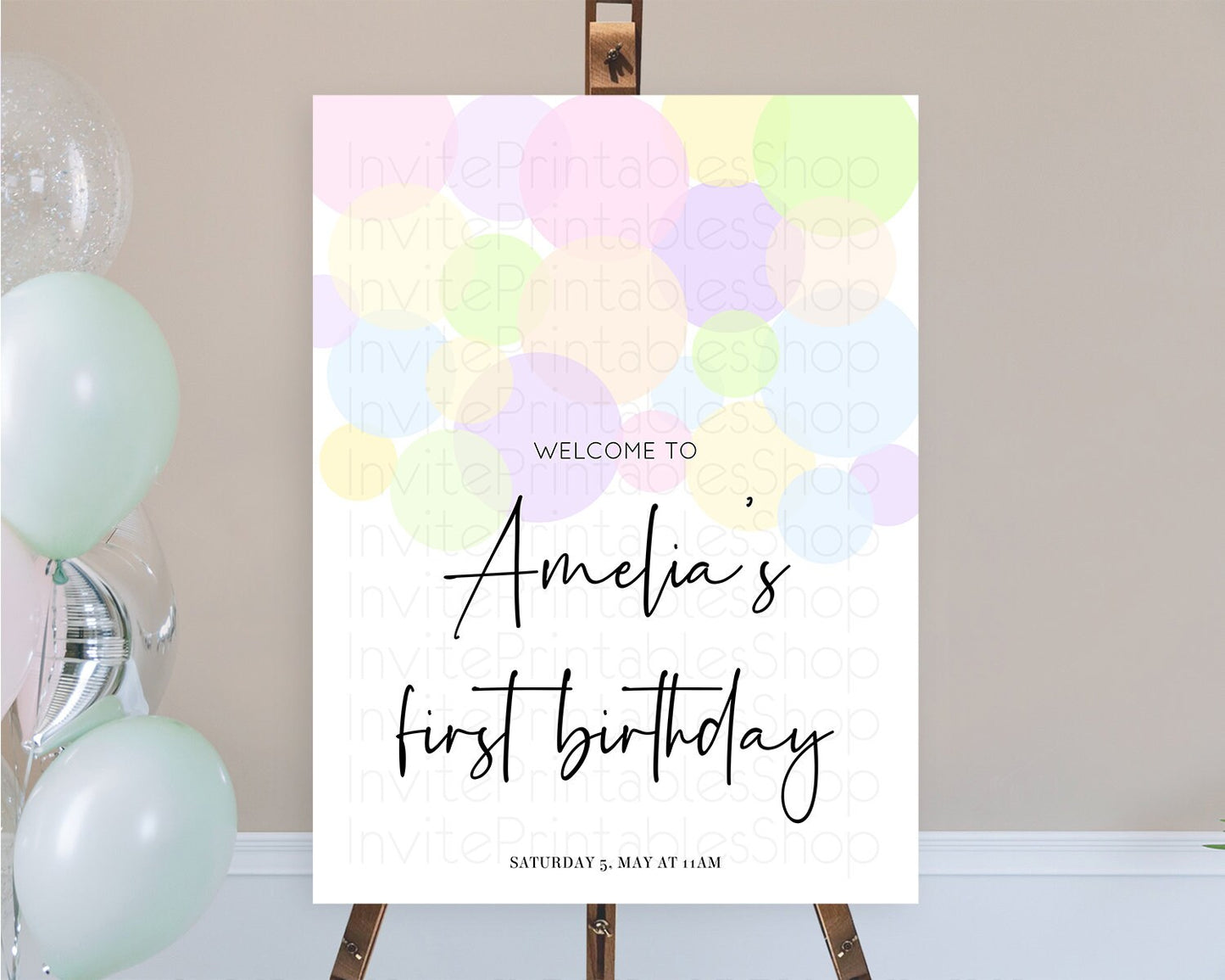 Rainbow Welcome Sign Pastel Welcome Board Pastel Rainbow Confetti Welcome Sign Colorful Bubbles Pastel First Birthday Welcome Sign D10229