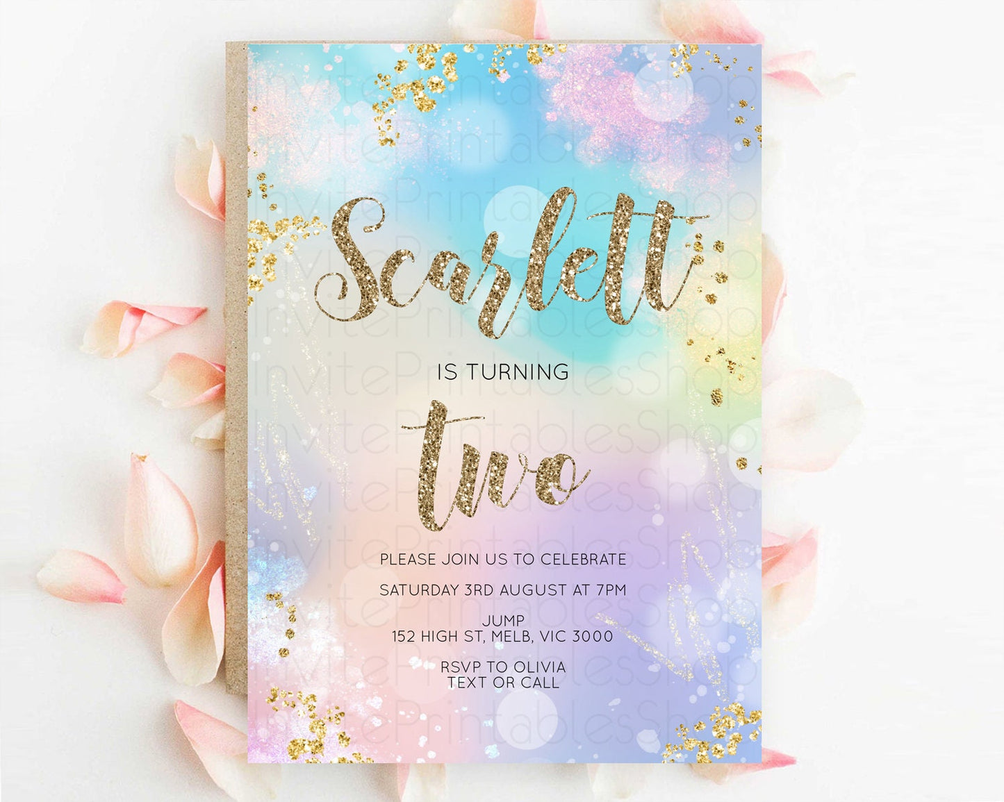 Rainbow Birthday Invitation Colorful Pastel Watercolor Invitation Gold Glitter Sprinkles Ombre Pastel 1st 2nd 3rd Birthday D10677