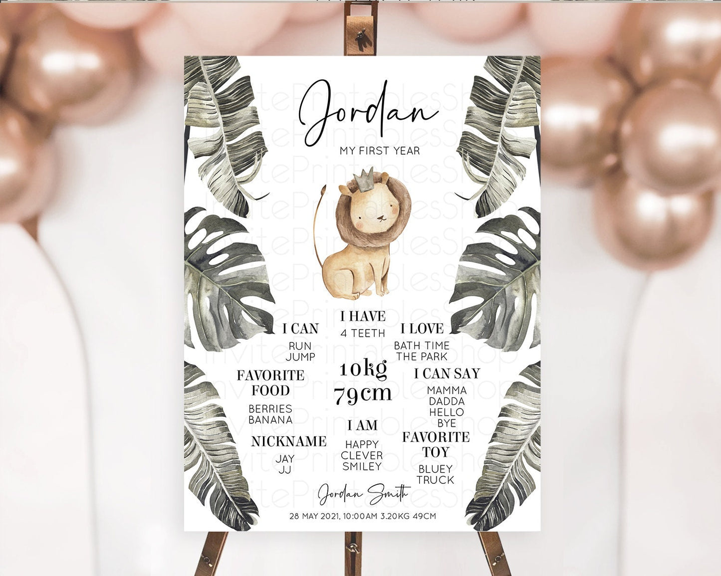 Lion First Birthday Milestone Board Lion Milestone Poster Lion Decor Safari Adventure Palm Leaf Lion First Birthday Welcome Sign D10599