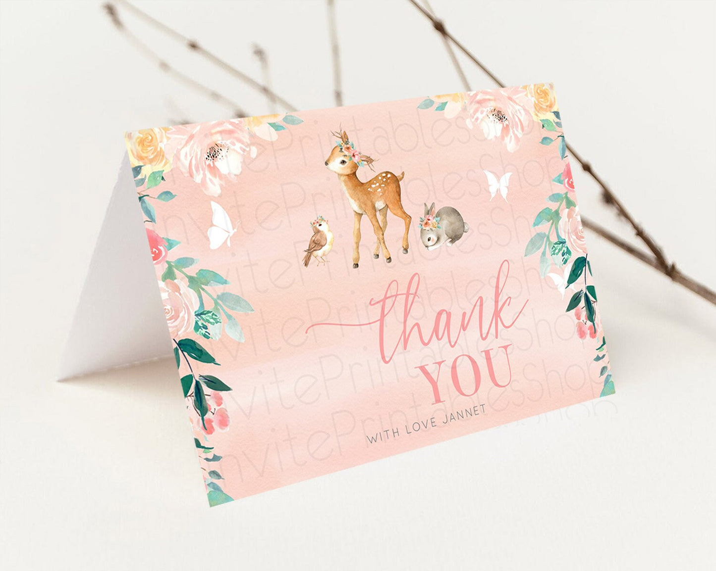Fawn Thank You Deer Thank You Card Pastel Floral Deer Birthday Thank You Card Enchanted Forest Butterfly Deer Teacher Thank You Card D10921