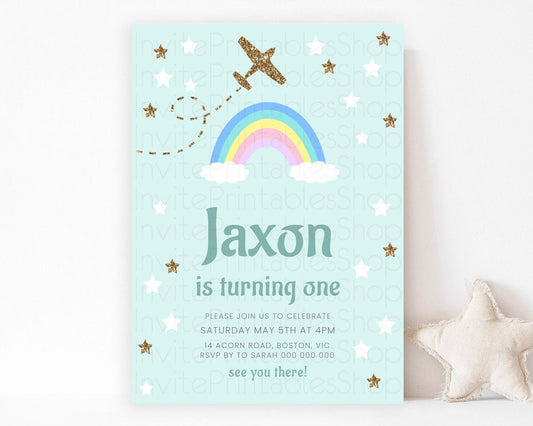 Plane Birthday Invitation Plane Invite Pastel Rainbow Clouds Stars Party Adventure Awaits Up Up Away Glitter 2nd 1st First Birthday D10296