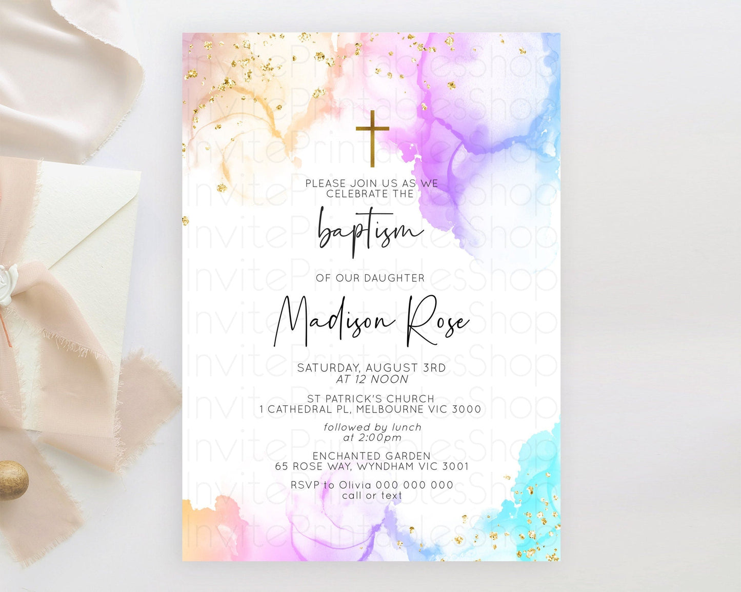 Pastel Baptism Invitation Pastel Colors Watercolor Baptism 1st Birthday Party Gold Ombre Pastel Rainbow Christening Holy Communion D10180
