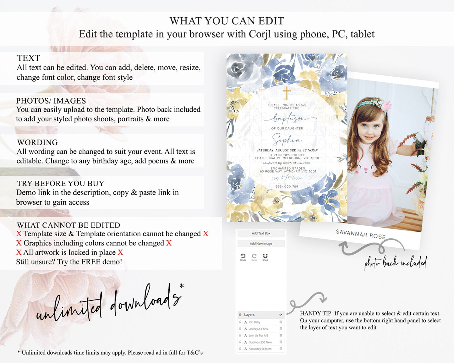 Secret Garden Baptism Invitation Wildflower Baptism Birthday Invite Pastel Flowers Christening Invite Enchanted Garden Boho Floral D10189