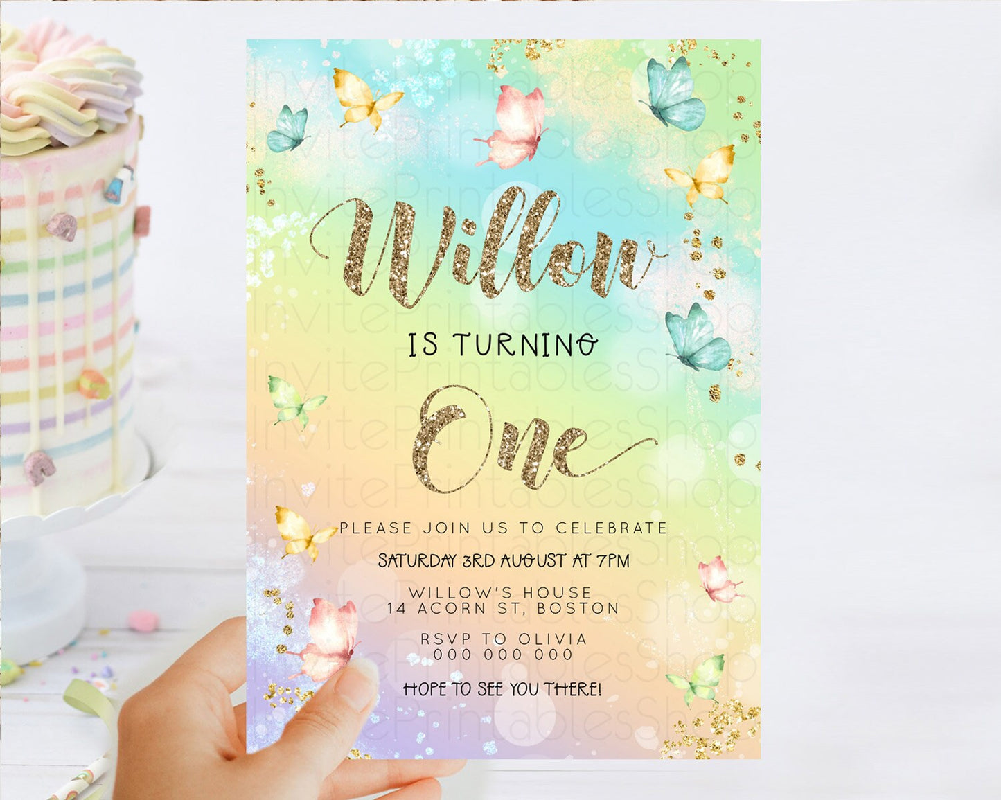 Pastel Butterfly Birthday Invitation Butterfly Birthday Invitation Colorful Splash Glitter Butterfly Garden 1st 2nd Birthday D23083