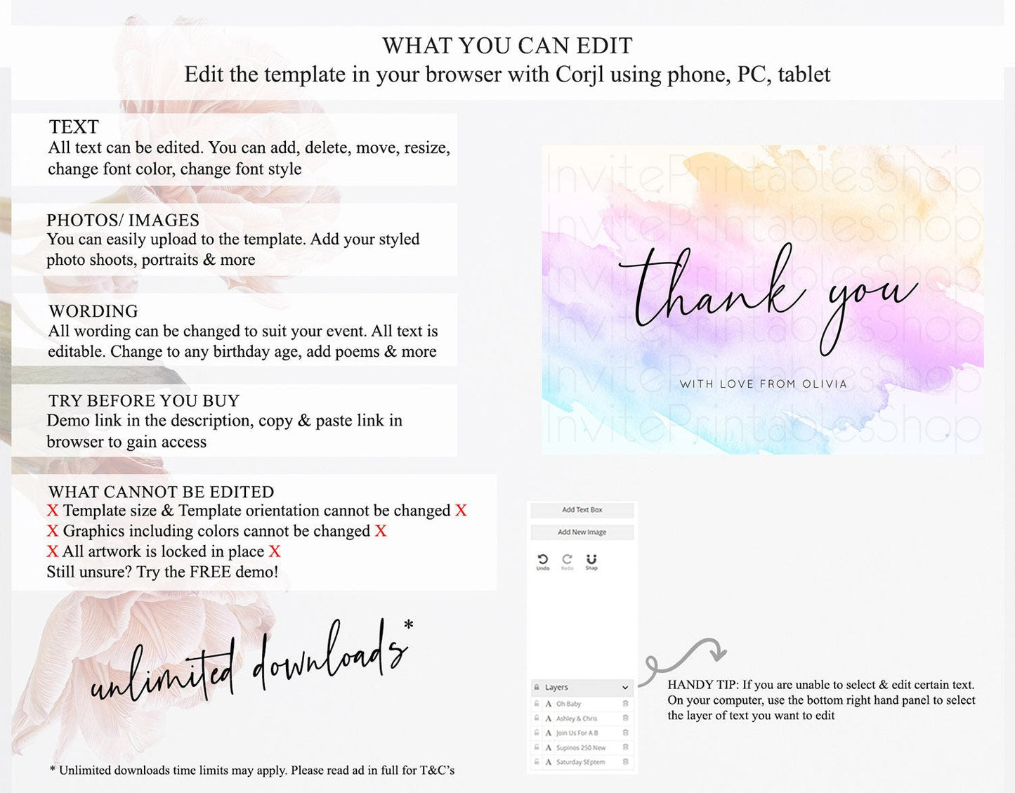 Pastel Thank You Rainbow Thank You Card Colorful Pastel Birthday Thank You Card Confetti Watercolor Pastel Teacher Thank You Cards D10774