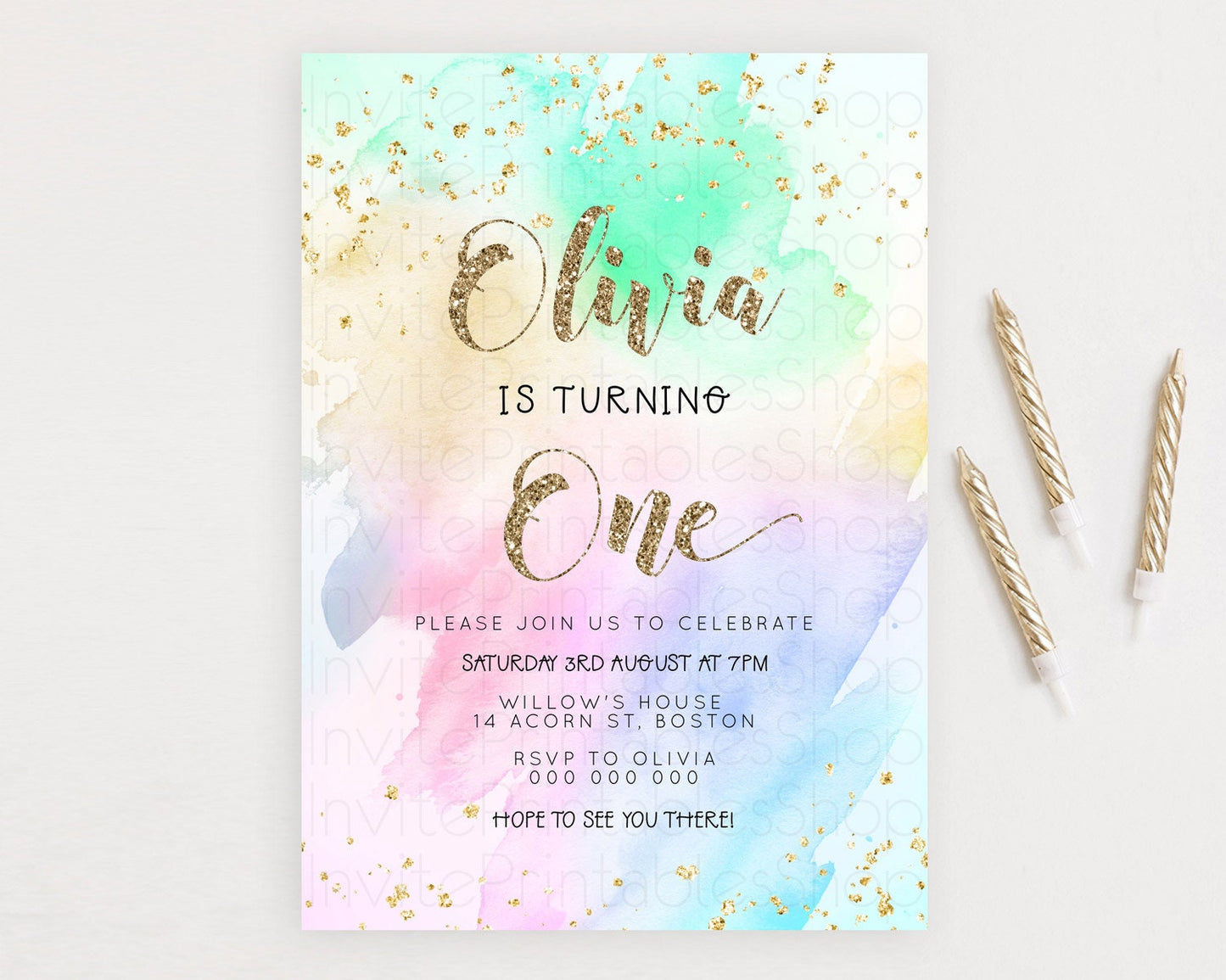 Rainbow Birthday Invitation Colorful Pastel Watercolor Invitation Gold Glitter Sprinkles Ombre Pastel 1st 2nd 3rd Birthday D23306