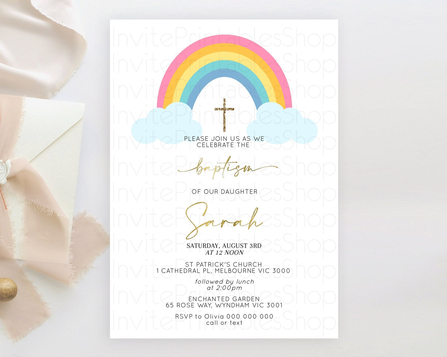 Pastel Rainbow Baptism Invitation Boho Rainbow Baptism 1st Birthday Invitation Rainbow Pastel Watercolor Christening Invitation D10123
