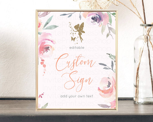 Editable Fairy Sign Enchanted Garden Table Sign Decor Pastel Floral Butterfl