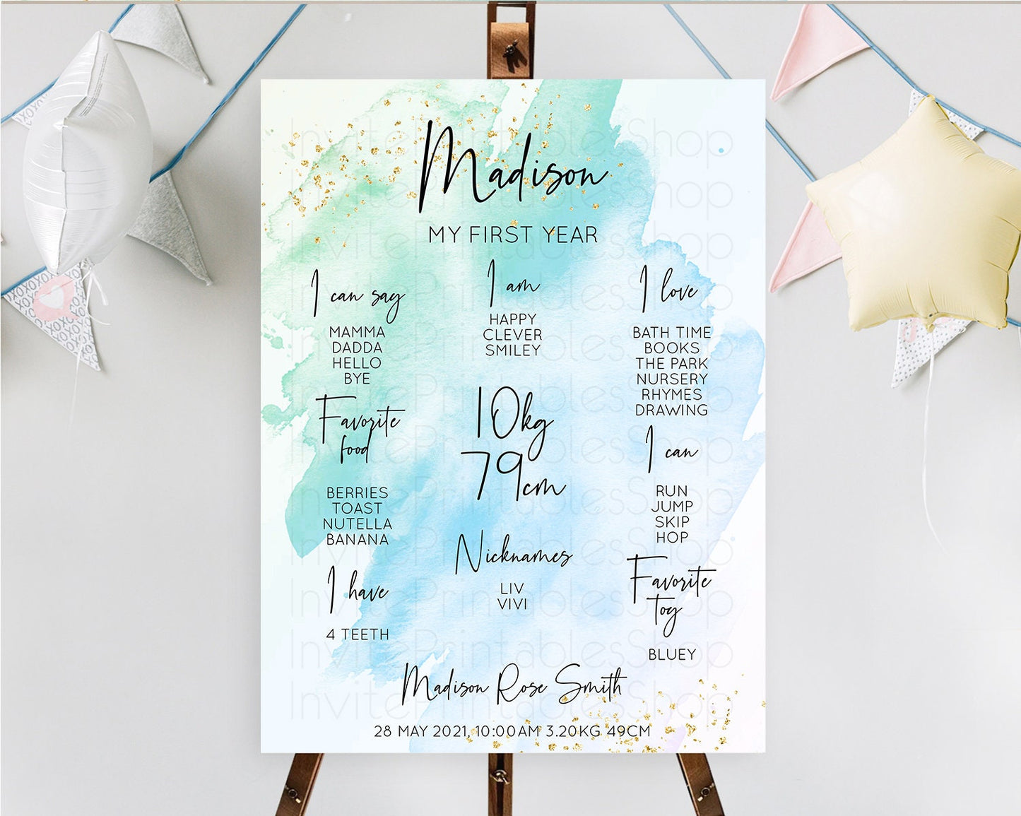 Blue First Birthday Milestone Poster Blue Watercolor Milestone Board Pastel Blue Watercolor Splash Milestone Board 1st Birthday Sign D10168