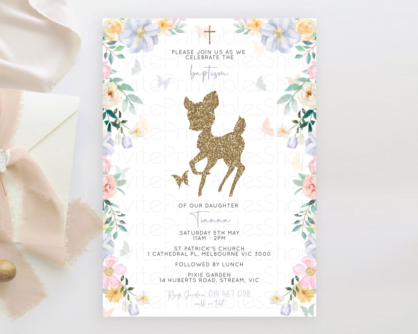 Fawn Baptism Invitation Deer Baptism 1st Birthday Invitation Enchanted Forest Christening Invitation Pastel Garden Butterfly Floral D10477