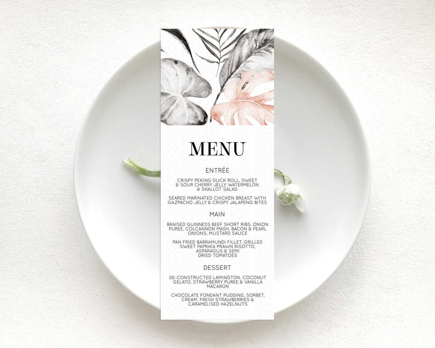 Tropical Menu Template Tropical Menu Palm Leaf Fern Table Decor Frangipani Floral White Orchid Dinner Dessert Menu Party Food Menu D11065