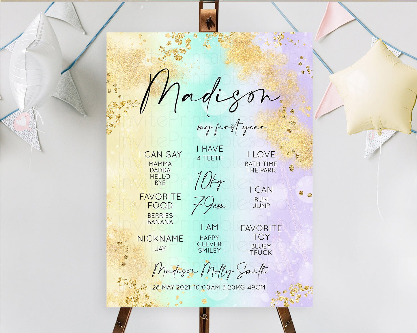 Pastel First Birthday Milestone Board Pastel Rainbow Milestone Poster Colorful Confetti Watercolor Glitter 1st Birthday Welcome Sign D10672