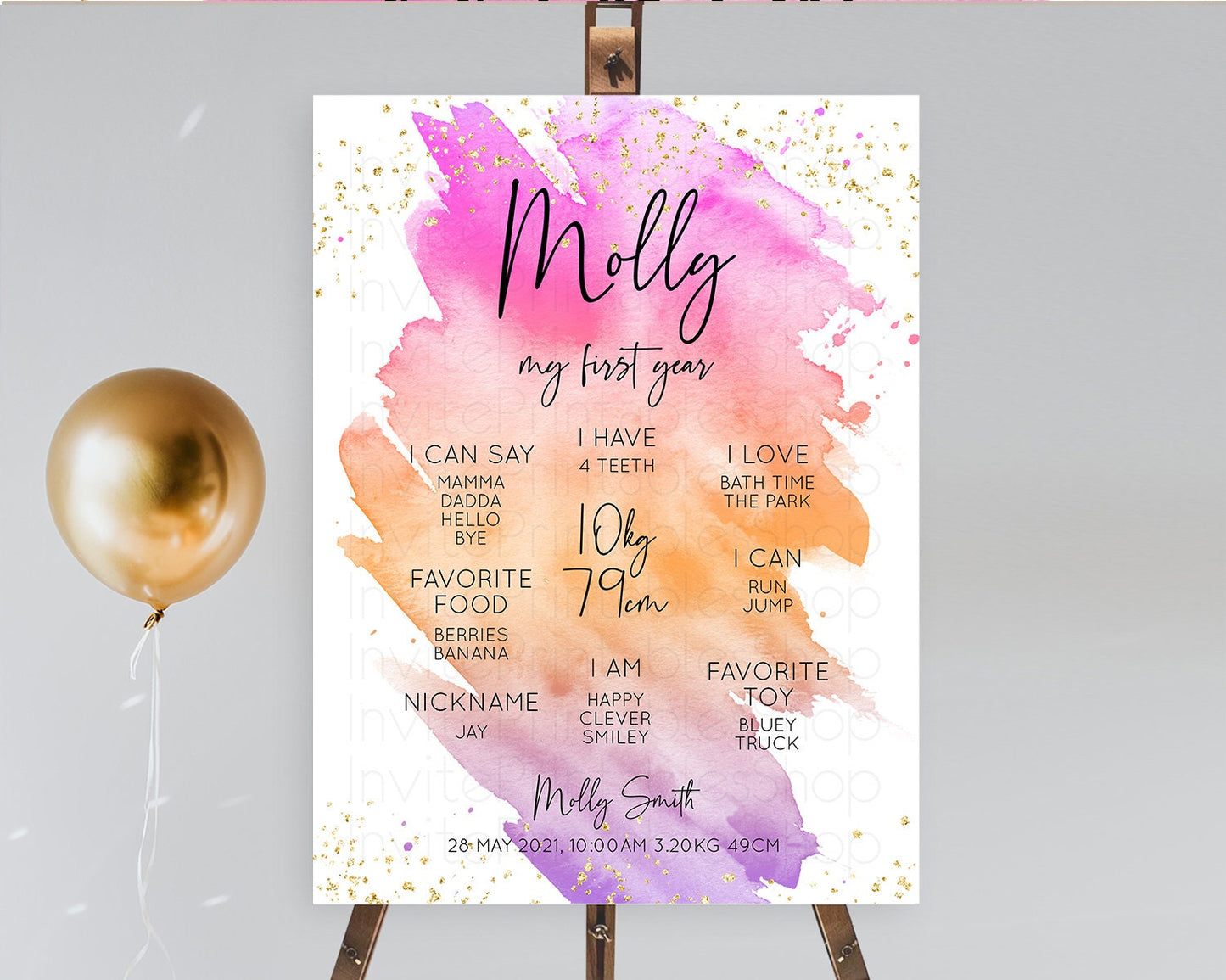 Pastel First Birthday Milestone Board Pastel Rainbow Milestone Poster Colorful Confetti Watercolor Glitter 1st Birthday Welcome Sign D10488