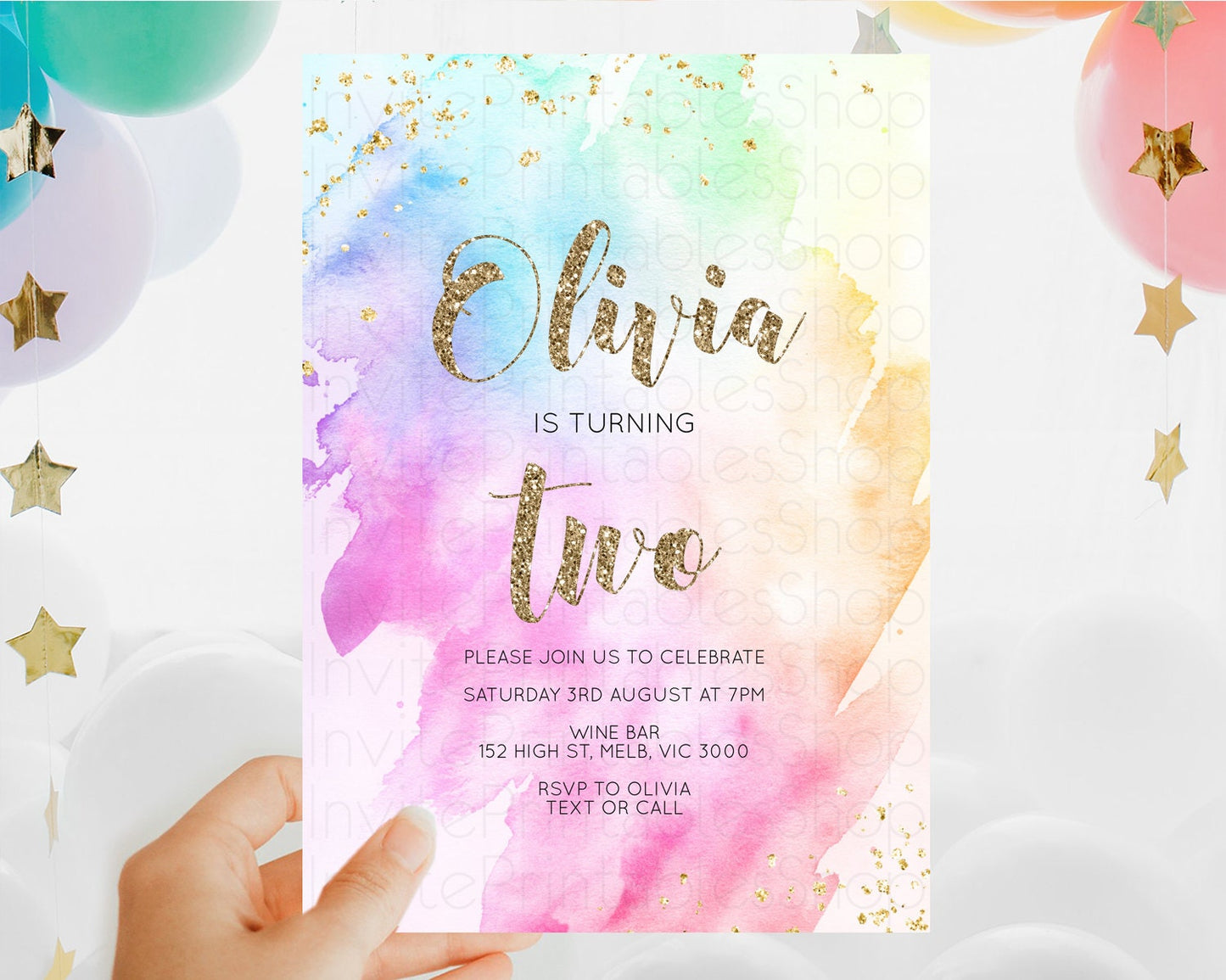 Rainbow Birthday Invitation Colorful Pastel Watercolor Invitation Gold Glitter Sprinkles Ombre Pastel 1st 2nd 3rd Birthday D10450