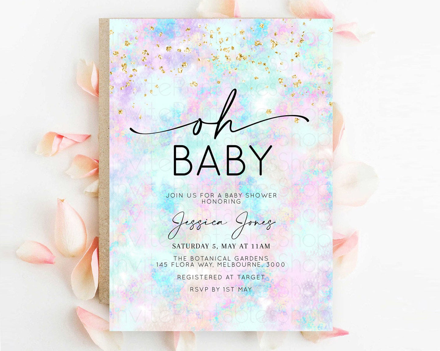 Pastel Baby Shower Invitation Rainbow Baby Shower Invitation Colorful Pastel Watercolor Invitation Gold Glitter Sprinkles Ombre D10652