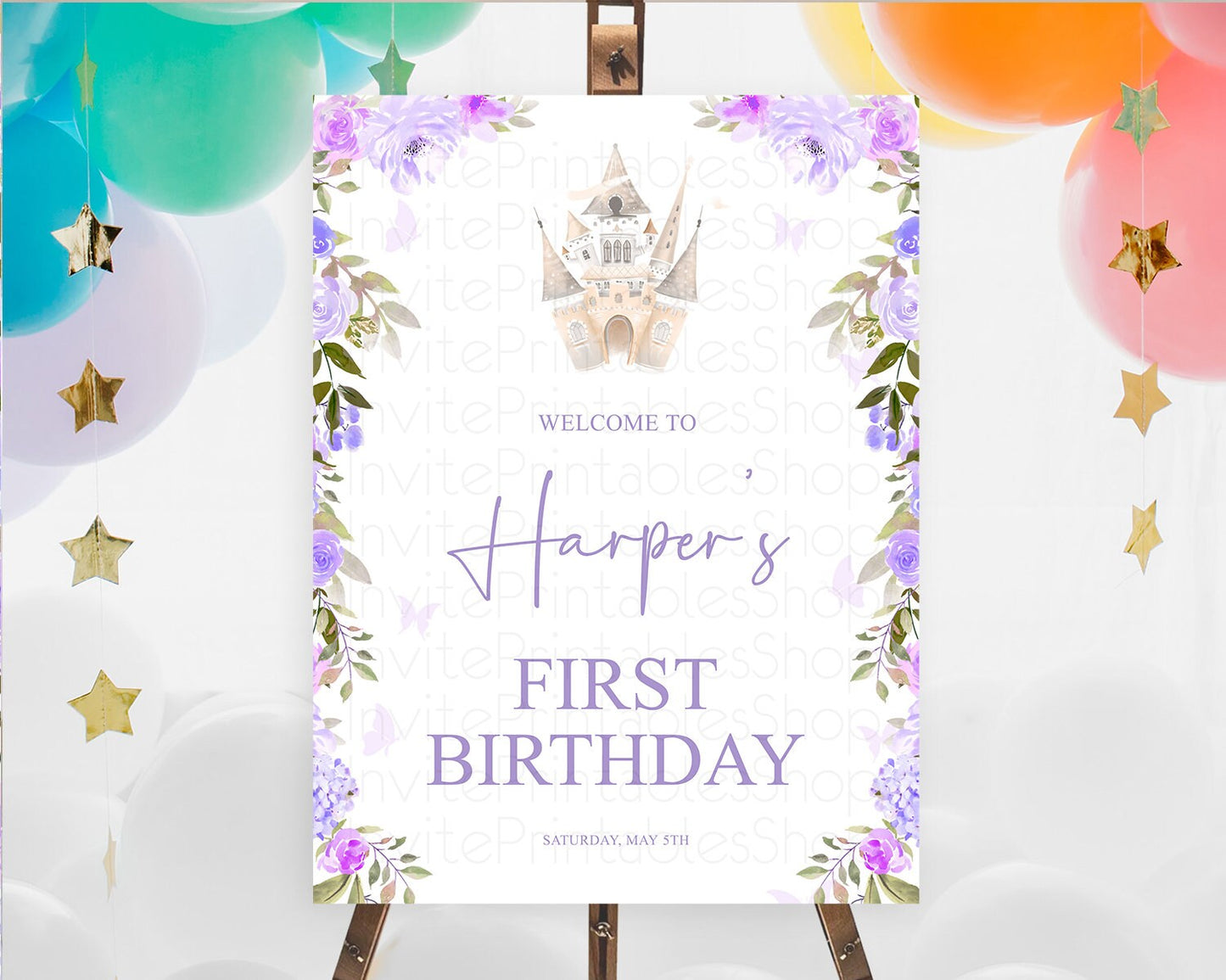 Princess Birthday Welcome Sign Castle Welcome Board Secret Garden Enchanted Castle Pastel Floral Garden First Birthday Welcome Sign D10339