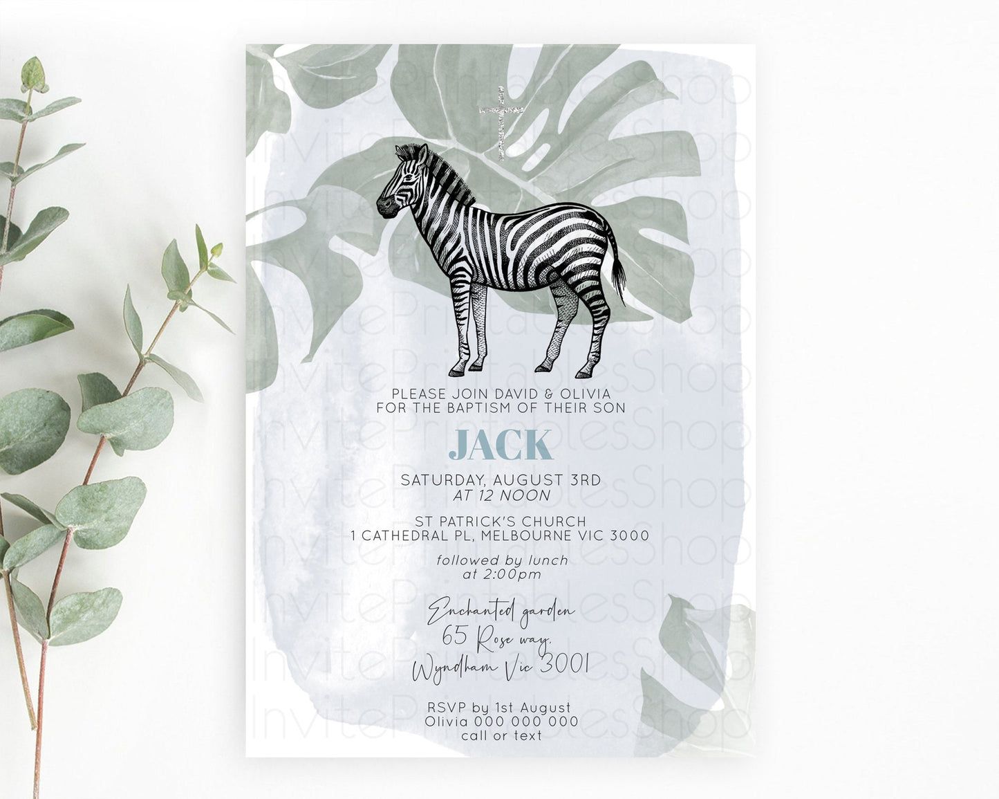 Zebra Baptism Invitation Zebra Baptism 1st Birthday Invitation Jungle Safari Christening Invite Watercolor Tropical Zoo Adventure D10814