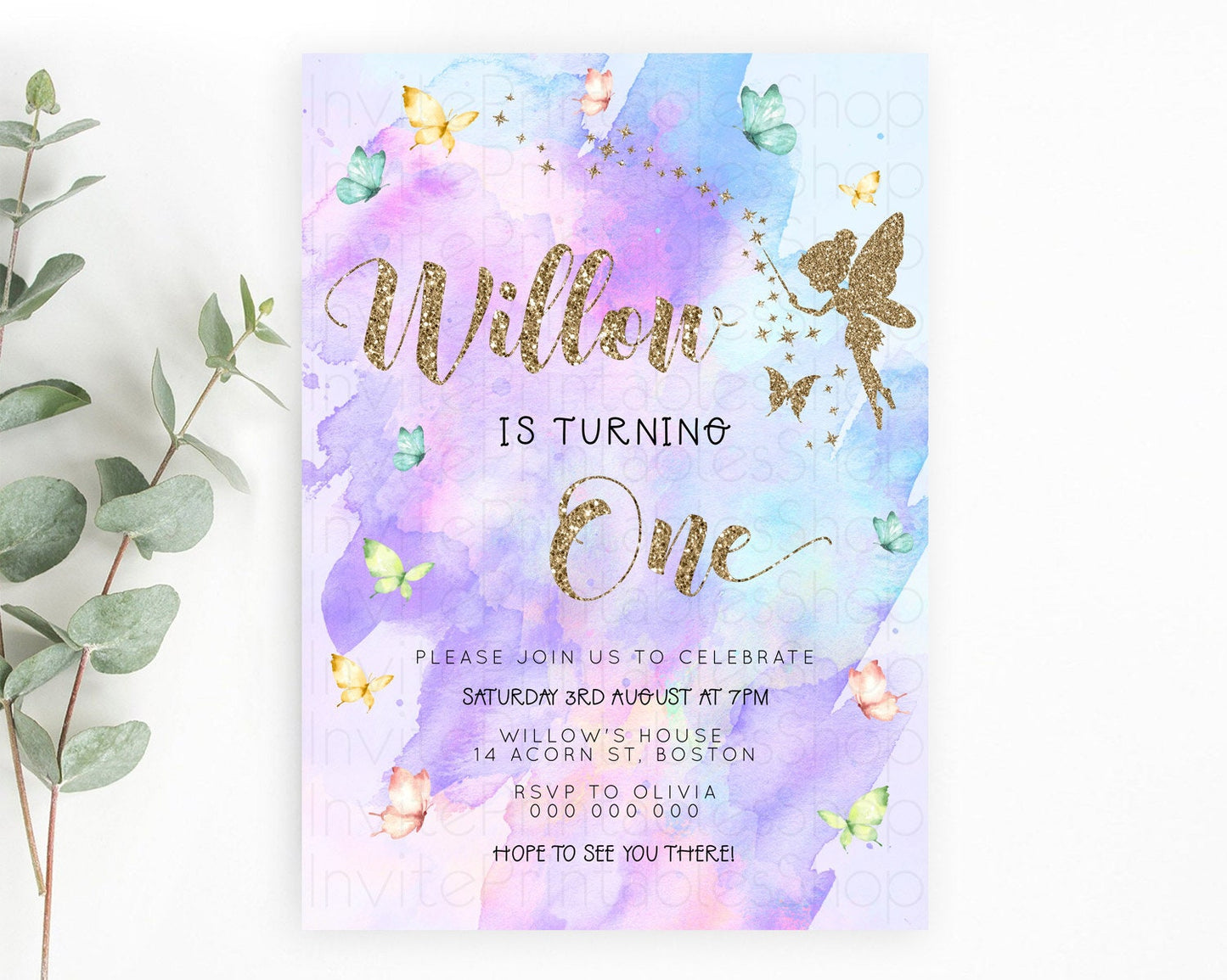 Pastel Fairy Birthday Invitation Pastel Butterflies Fairy Birthday Invitation Rainbow Ombre Watercolor 1st 2nd Birthday Invitation D23343