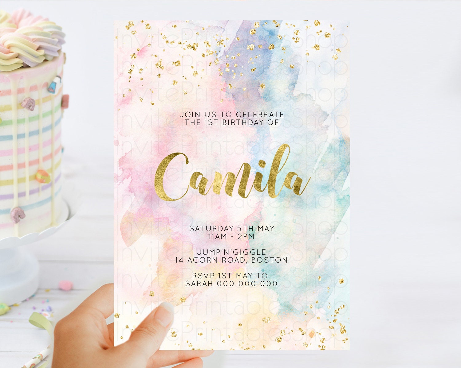 Editable Rainbow Birthday Invitation Colorful Pastel Watercolor Invitation G