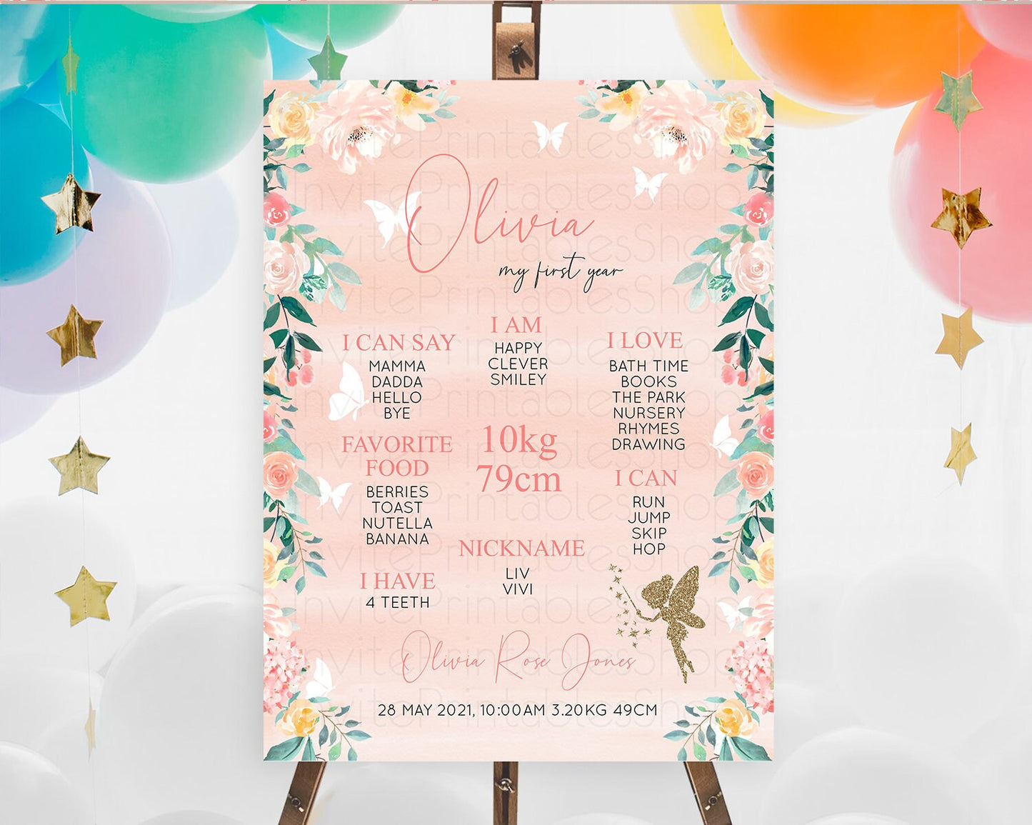 Fairy First Birthday Milestone Poster Fairy Secret Garden Milestone Board Enchanted Garden Pastel Floral Butterfly 1st Birthday Sign D10792