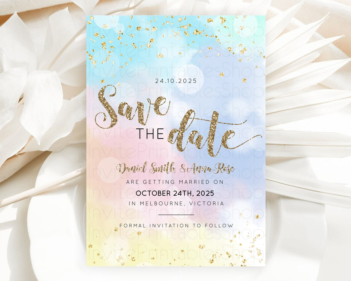 Pastel Save The Date Template Pastel Ombre Rainbow Watercolor Colorful Party For Birthday Baptism Baby Shower Wedding Bridal Shower D10367