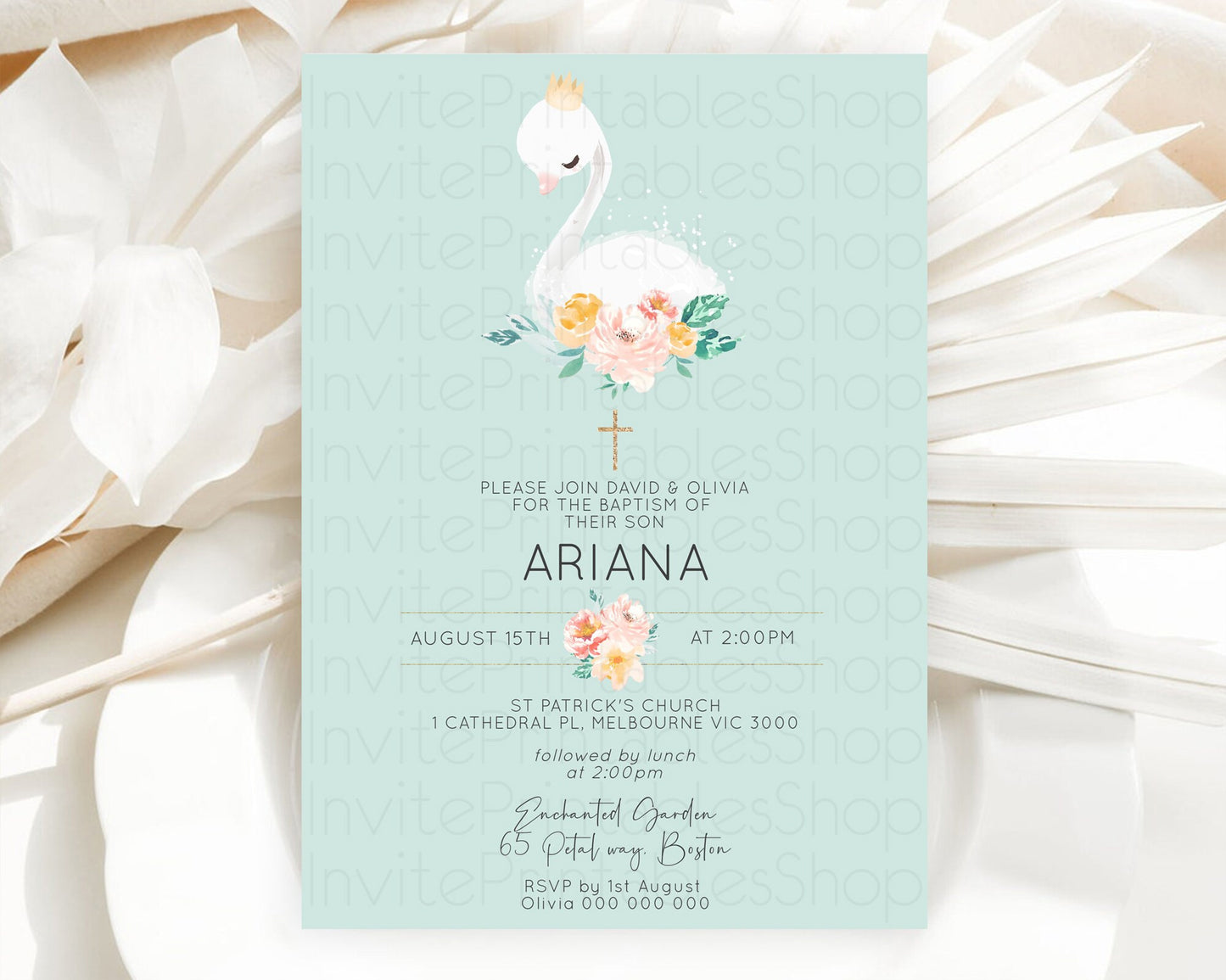 Swan Lake Baptism Invitation Swan Princess Ballet Baptism 1st Birthday Enchanted Forest Secret Garden Watercolour Pastel Floral D10905