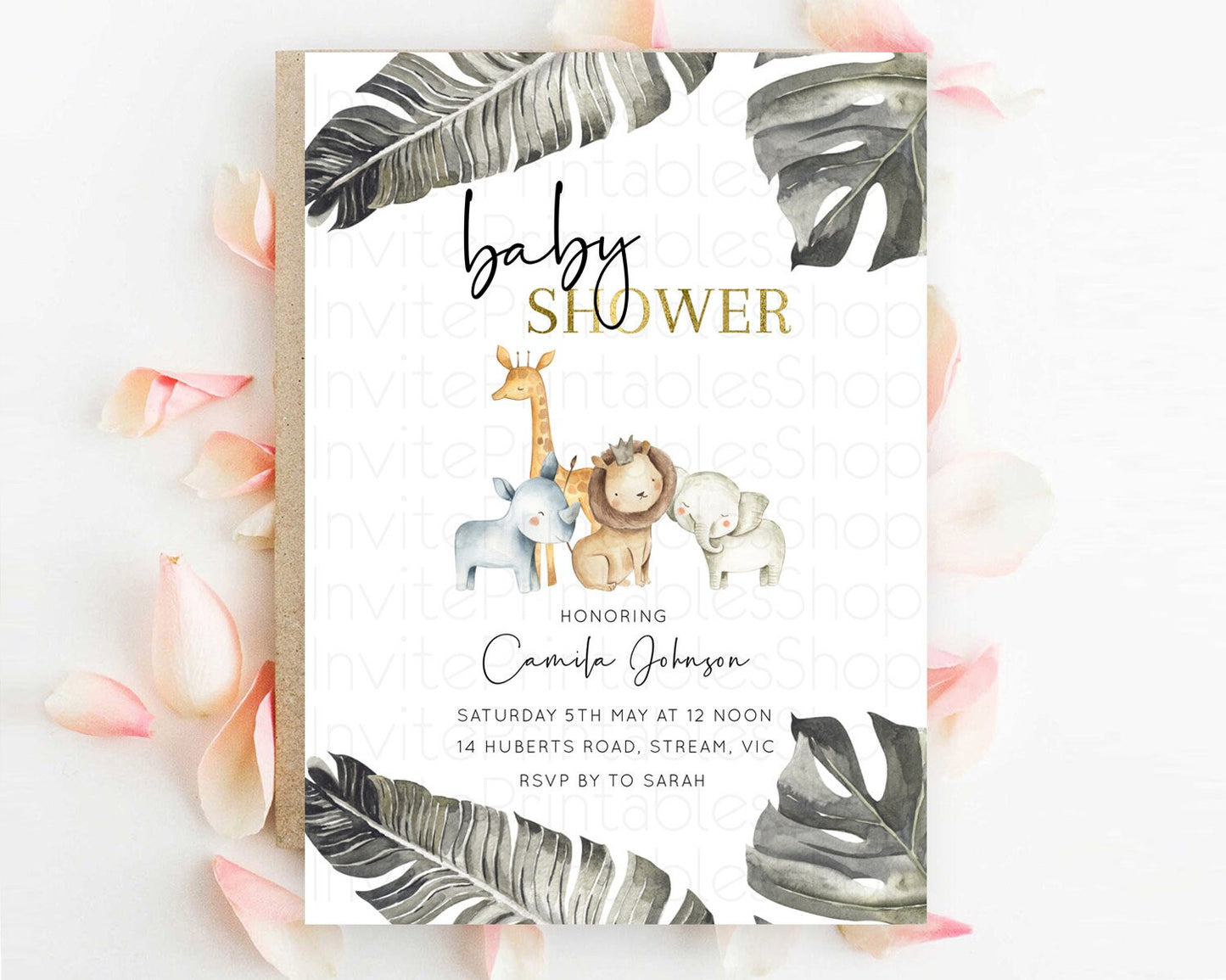 Safari Baby Shower Invitation Baby Lion Gorilla Elephant Rhino Invitation Tropical Palm Jungle Safari Adventure Baby Animals D10599