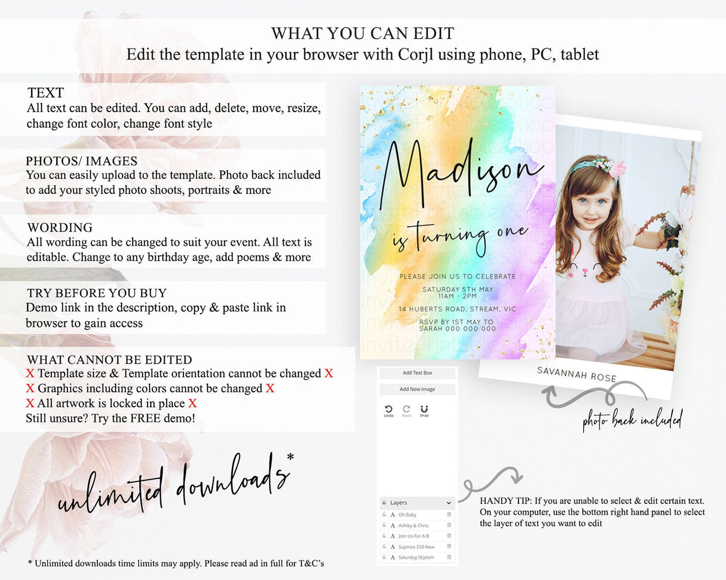 Rainbow Birthday Invitation Colorful Pastel Watercolor Invitation Gold Glitter Sprinkles Ombre Pastel 1st 2nd 3rd Birthday D10427