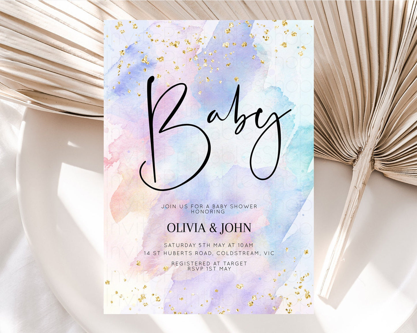 Rainbow Baby Shower Invitation Watercolor Pastel Invitation Colorful Splash Baby Invite Gold Glitter Sprinkles Ombre Gender Reveal t576