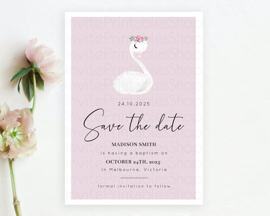 Swan Save The Date Template Swan Princess Ballet Party Enchanted Swan Lake Secret Garden Pastel Floral Birthday Baptism Baby Shower  D10758