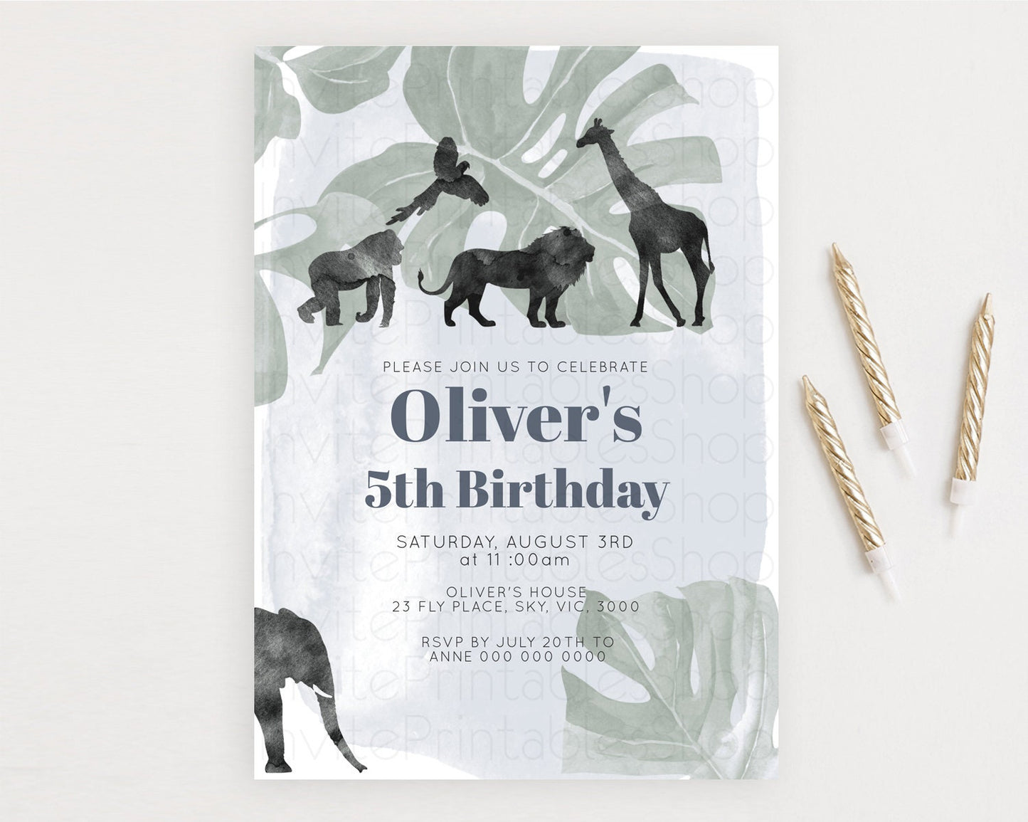 Safari Birthday Invitation Lion Gorilla Elephant Rhino Tropical Palm Jungle Safari Adventure Zoo Party Animal 2nd 1st First Birthday D10203
