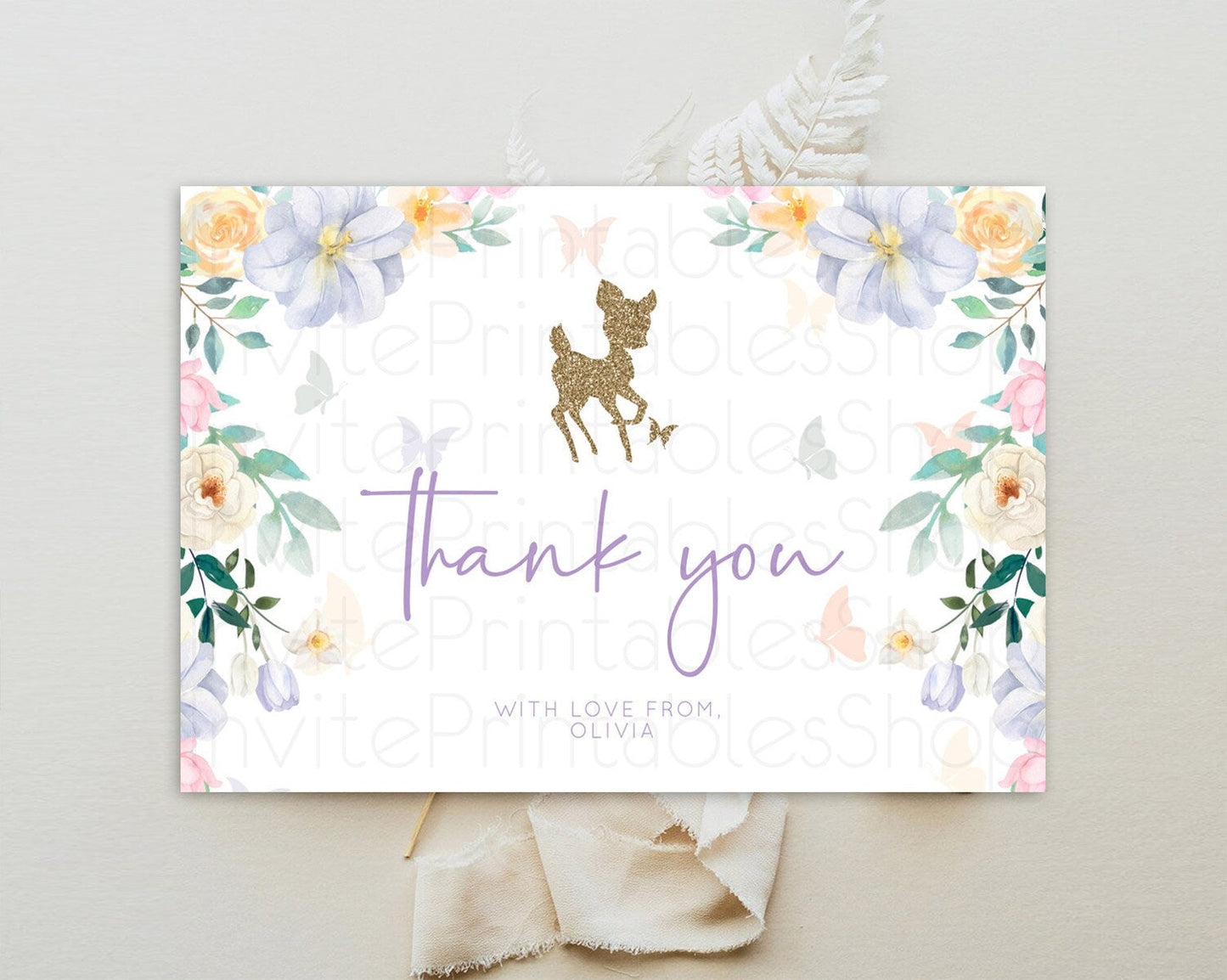 Fawn Thank You Deer Thank You Card Pastel Floral Deer Birthday Thank You Card Enchanted Forest Butterfly Deer Teacher Thank You Card D10477