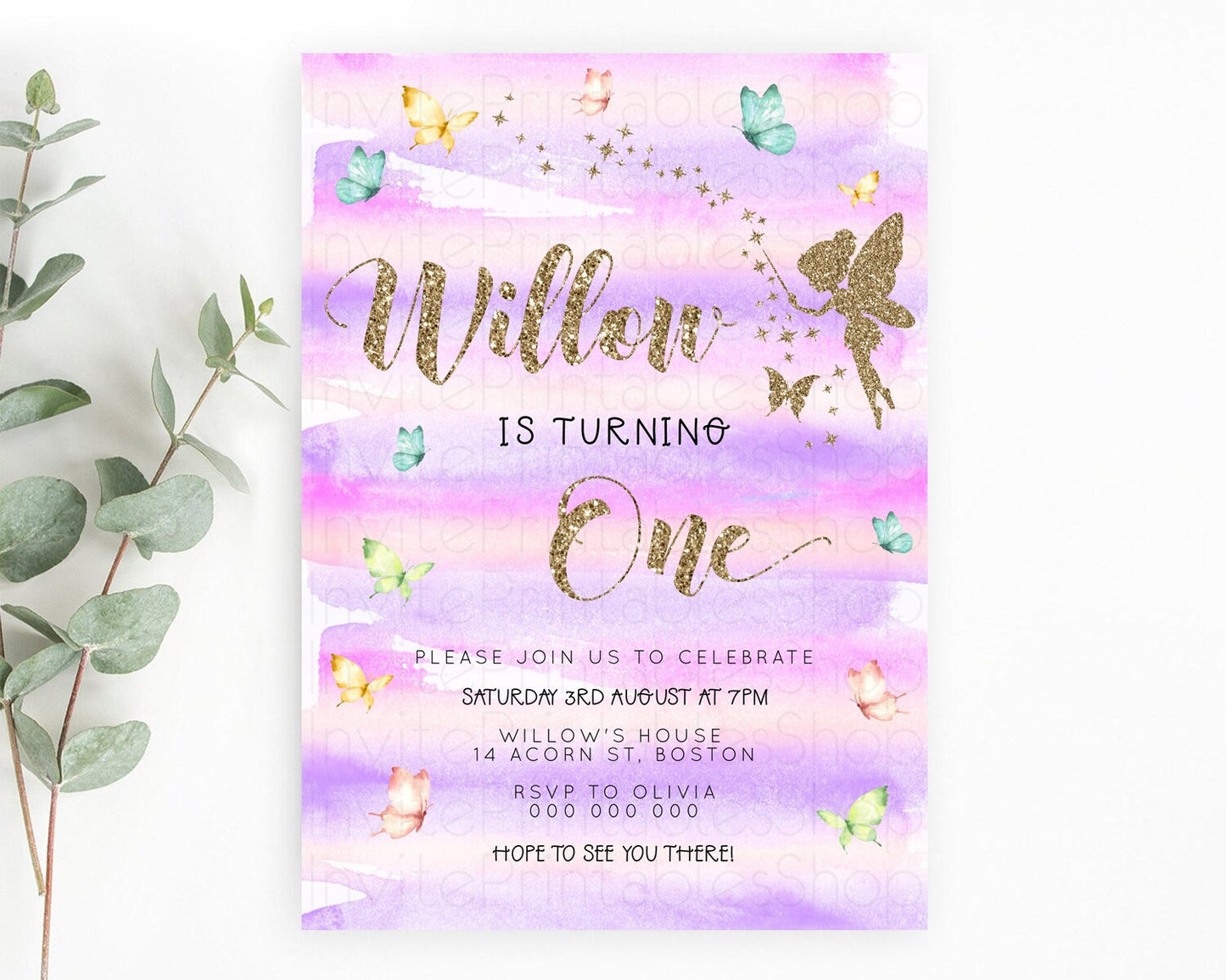 Pastel Fairy Birthday Invitation Pastel Butterflies Fairy Birthday Invitation Rainbow Ombre Watercolor 1st 2nd Birthday Invitation D23313