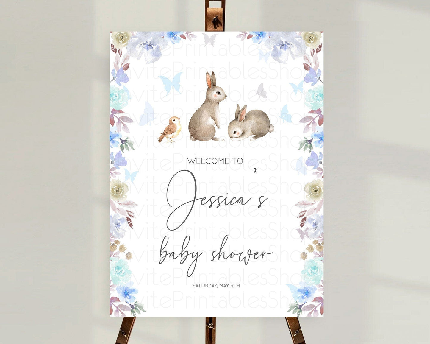 Bunny Baby Shower Welcome Sign Floral Bunny Welcome Board Pastel Flowers Woodland Bunny Welcome Poster Forest Bunny Welcome Sign D10927