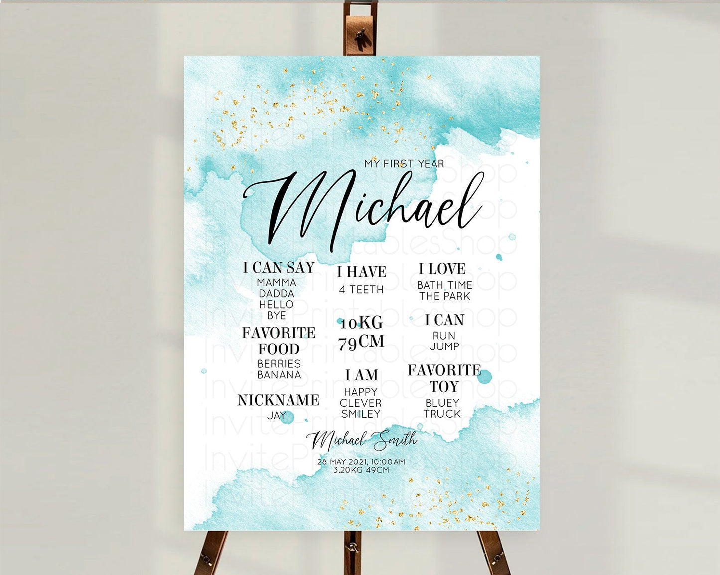 Blue First Birthday Milestone Poster Blue Watercolor Milestone Board Pastel Blue Watercolor Splash Milestone Board 1st Birthday Sign D10329