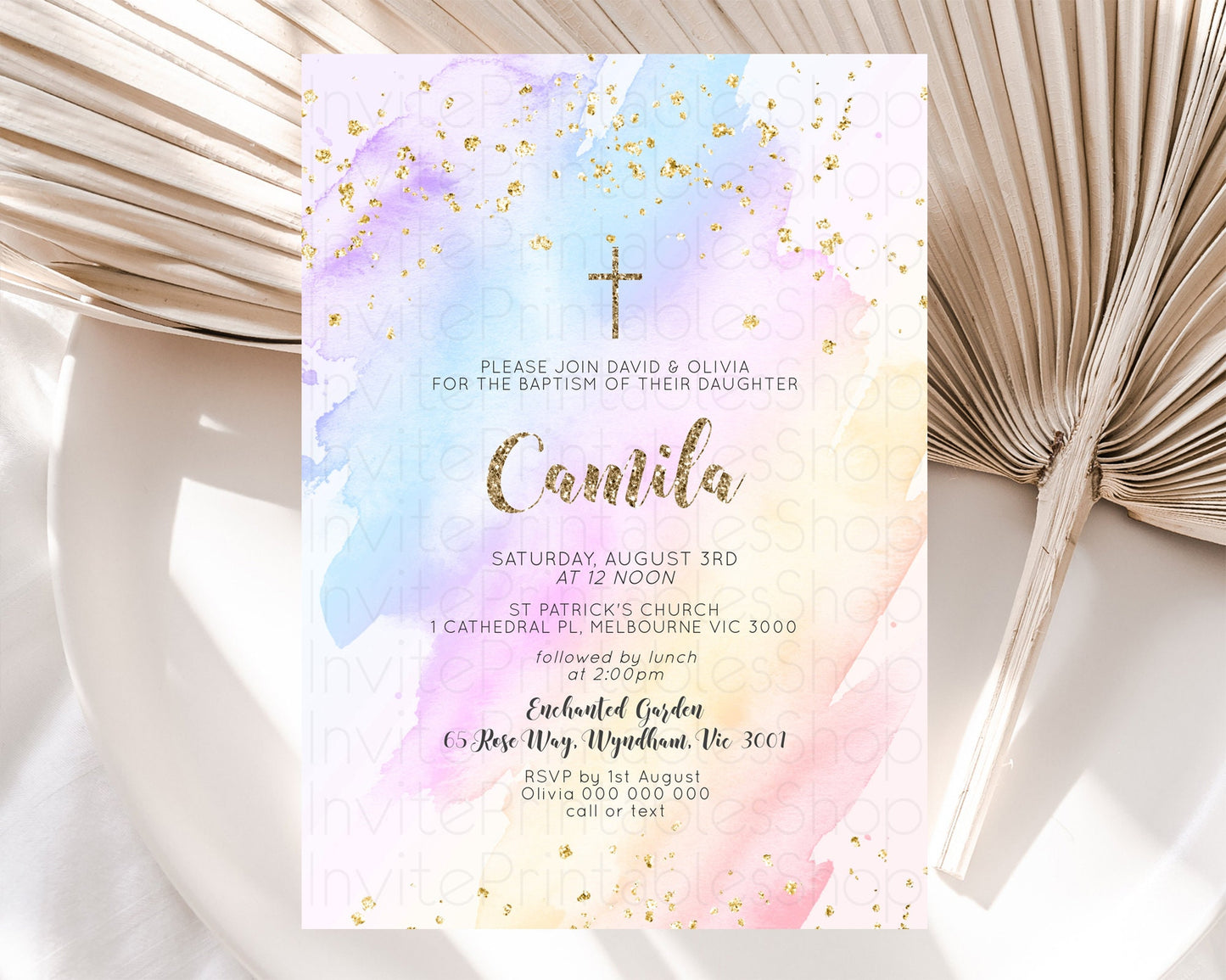 Pastel Baptism Invitation Pastel Colors Watercolor Baptism 1st Birthday Party Gold Ombre Pastel Rainbow Christening Holy Communion D10633