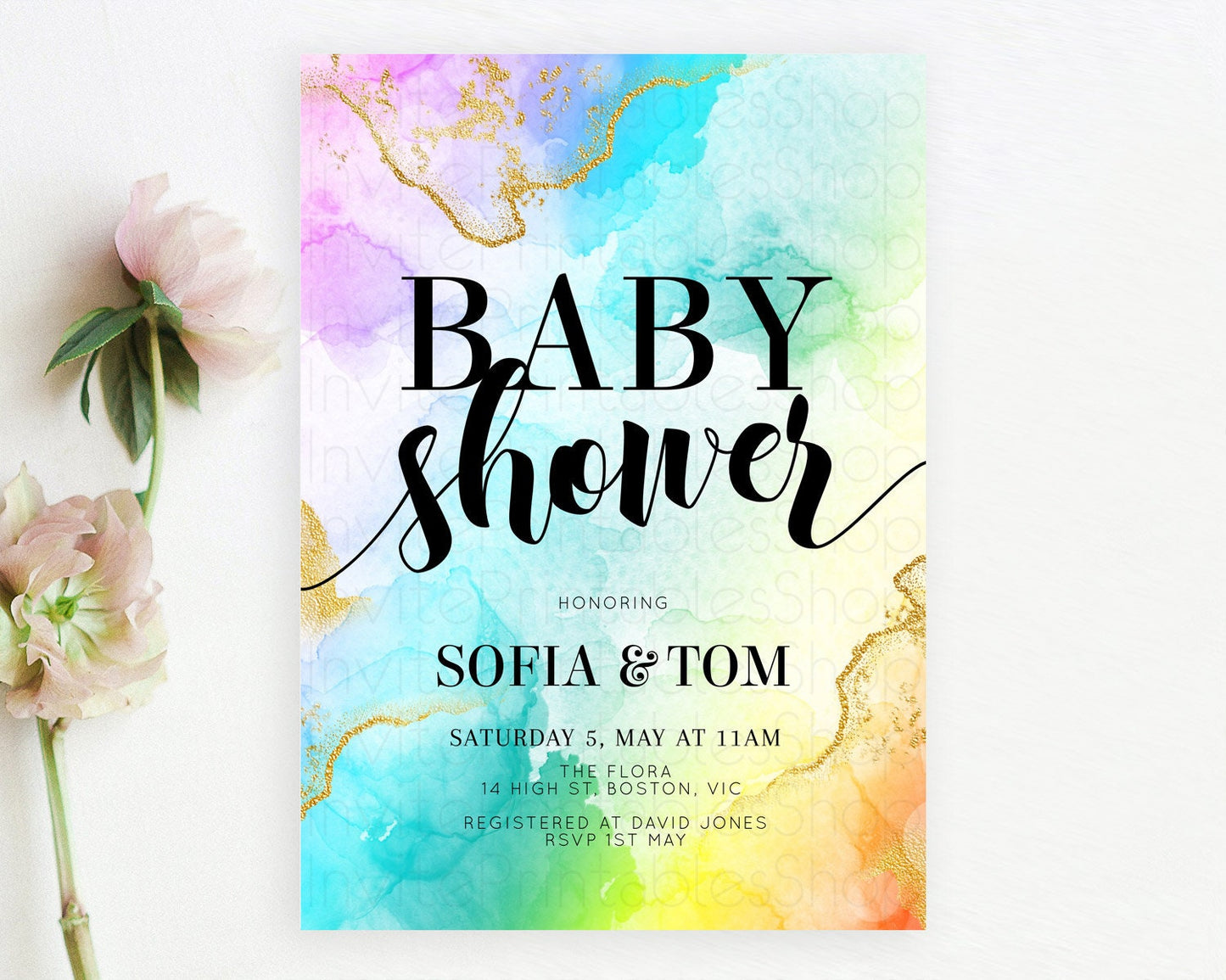 Pastel Baby Shower Invitation Rainbow Baby Shower Invitation Colorful Pastel Watercolor Invitation Gold Glitter Sprinkles Ombre D10392