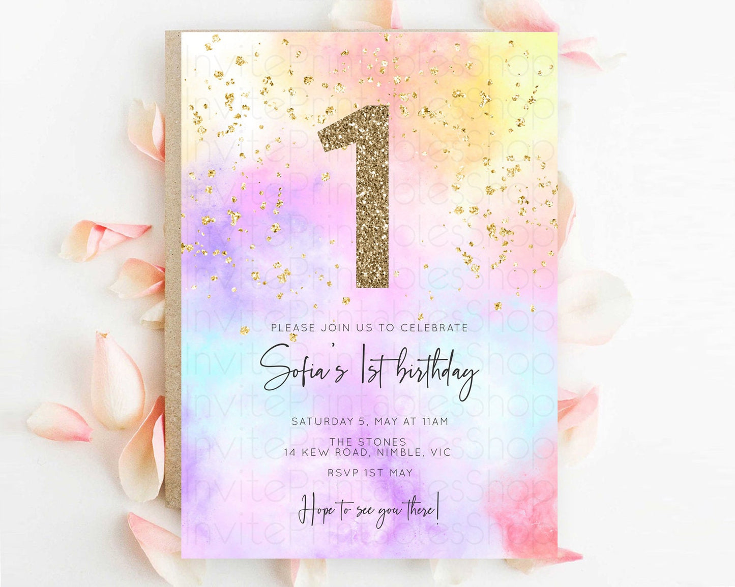 Rainbow Birthday Invitation Colorful Pastel Watercolor Invitation Gold Glitter Sprinkles Ombre Pastel 1st 2nd 3rd Birthday D10437