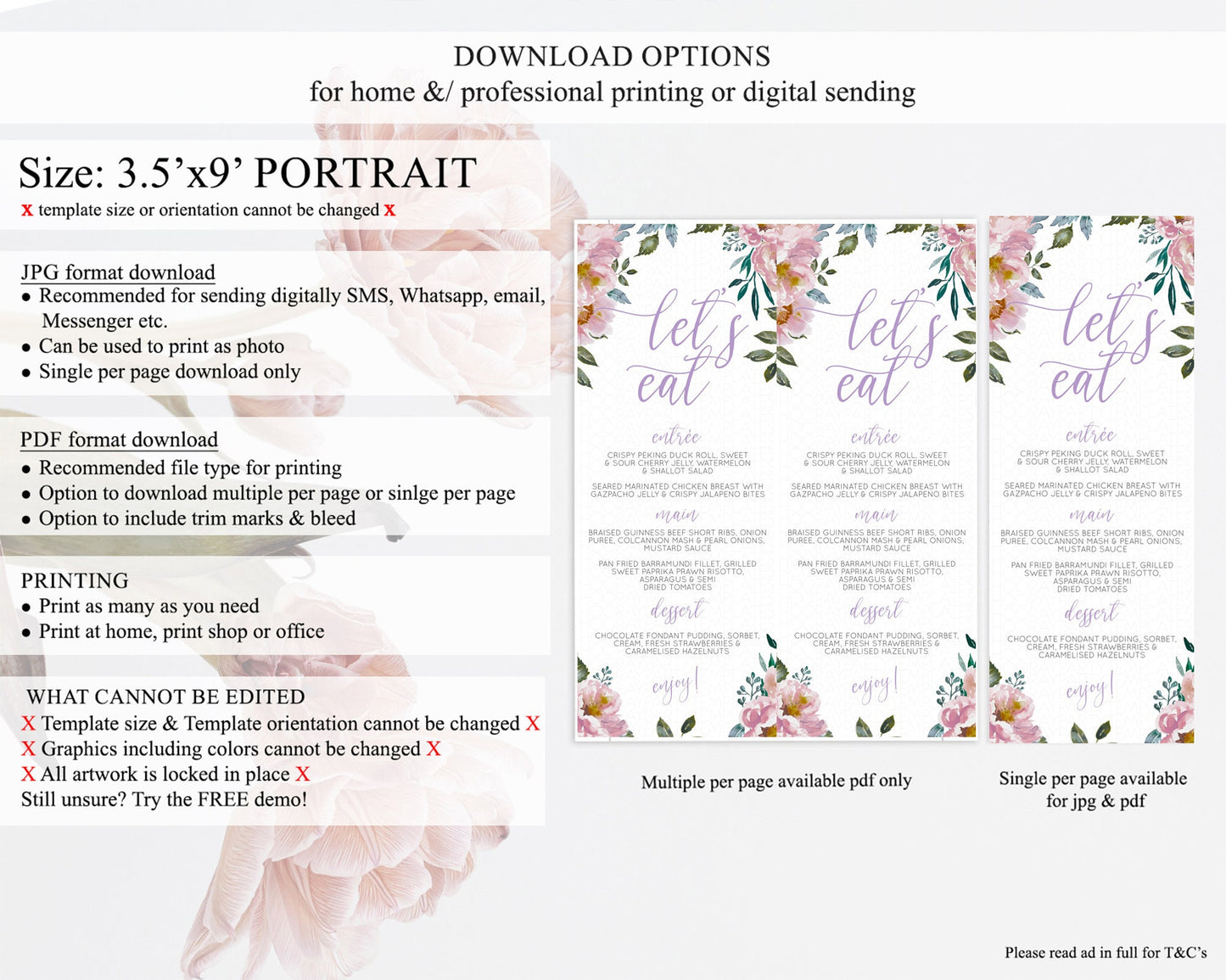 Secret Garden Menu Wildflower Menu Template Pastel Flower Garden Table Decor Boho Floral Dinner Dessert Floral Party Food Menu D10729