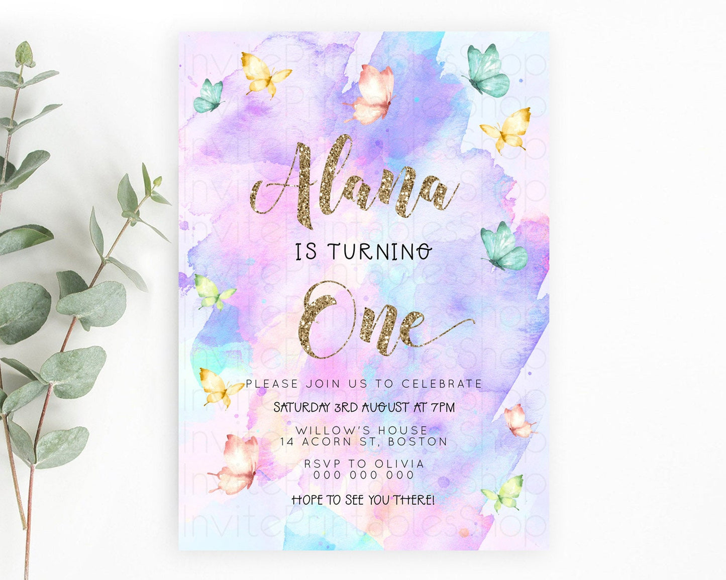 Pastel Butterfly Birthday Invitation Butterfly Birthday Invitation Colorful Splash Glitter Butterfly Garden 1st 2nd Birthday D23252